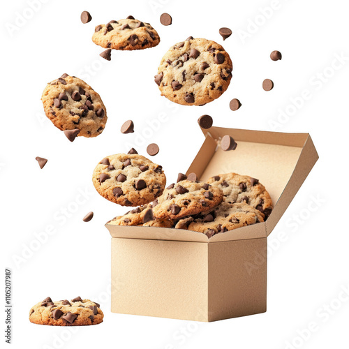 Chocolate chip cookies falling in paper box isolated on transparent background photo