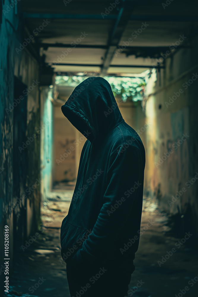 Hooded figure in a shadowy abandoned hallway Hooded figure in a shadowy abandoned hallway