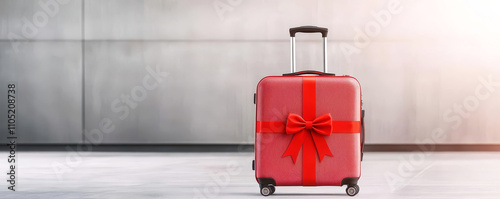 Red suitcase with holiday bow at airport travel agency booking travel insurance frequent flyer luggage vacation jetset wanderlust airport services business trip gift luggage festiv