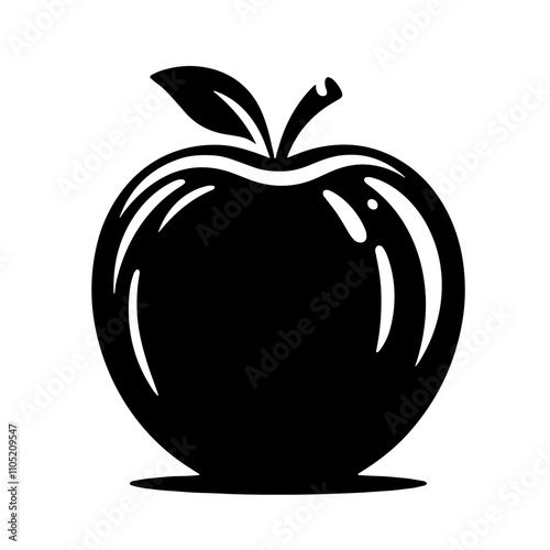 Black apple illustration with leaf on a white background copy space