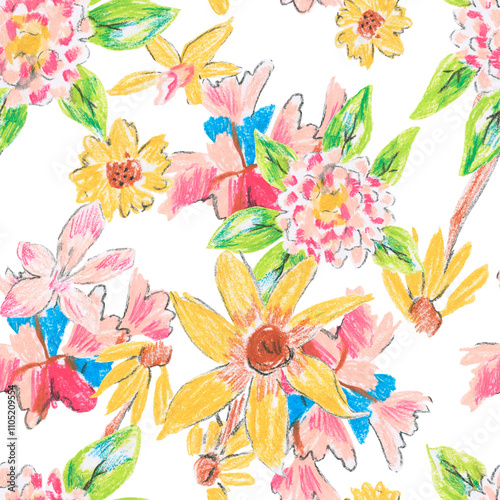 Floral seamless pattern on an isolated white background. Repeating flowers drawn with wax crayons. Oil pastel print