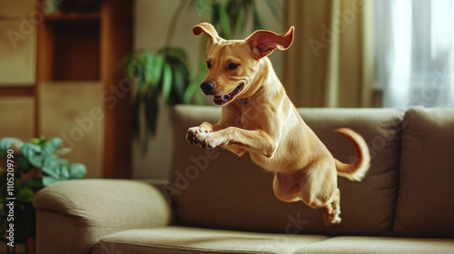 A cute dog leaping onto the couch in a fun and active moment. AI generative photo