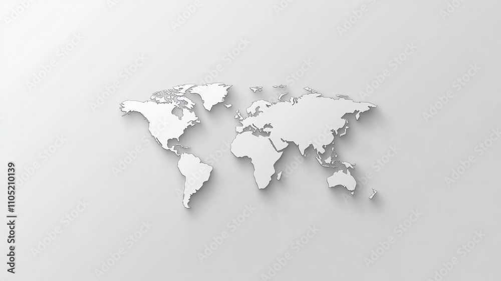 A white world map on light gray with subtle gradient and shadow. AI generative A white world map on light gray with subtle gradient and shadow. AI generative