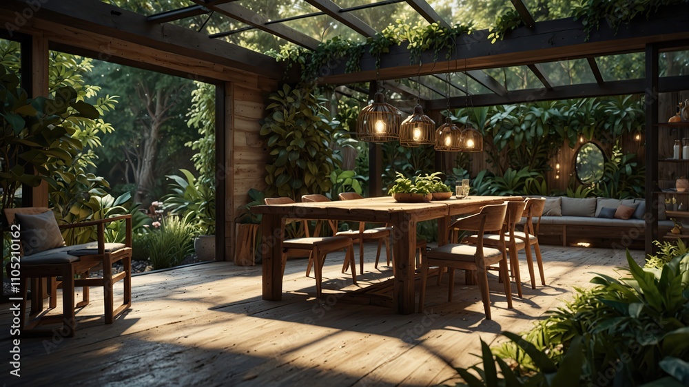 Obraz premium Outdoor-inspired dining area with a glass roof