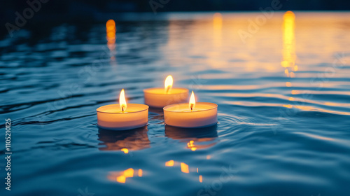 Three candles floating in a river of water. The candles are lit and the water is calm. The scene is peaceful and serene