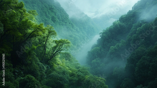 Captivating nature photography of misty mountains and lush forest. AI generative photo