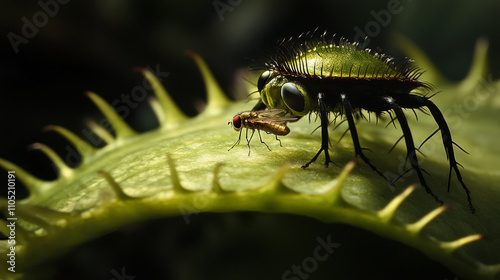 Macro shot of Venus flytrap with an insect caught in its jaws. AI generative.. photo