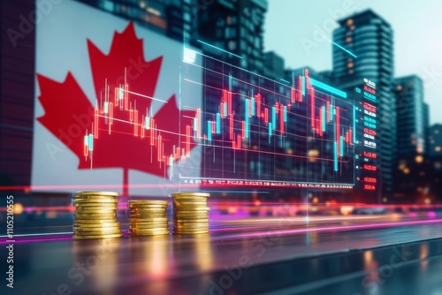 canada economy and finance . with coins and digital trading platform, economic growth, stock market chart, investment trends global challenges and opportunities.	