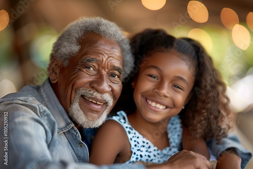 A joyful elderly man and a young girl share a warm smile in a cheerful outdoor setting.