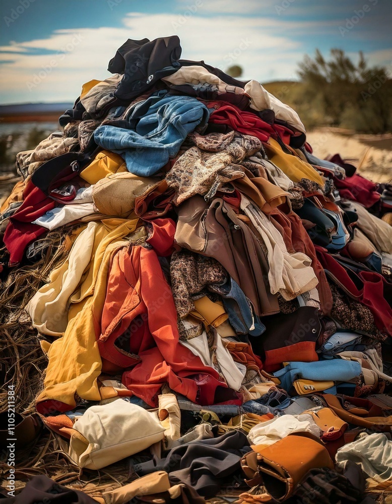 A large heap of colorful discarded clothes left outdoors, symbolizing fashion waste and the environmental impact of fast fashion.