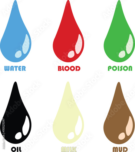Vector illustration vibrant liquid droplet icons representing various substances water, blood, poison, oil, milk, and mud. Perfect for science, medical, or hazard-related designs.