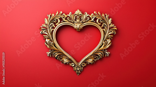Ornate golden heart frame on vibrant red background, perfect for love