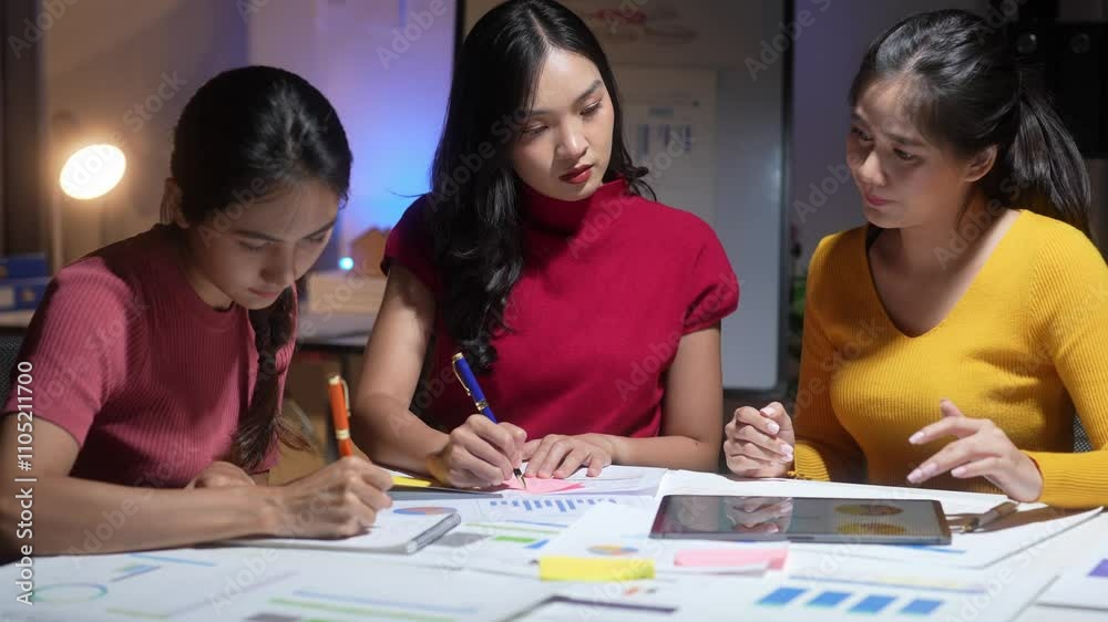 Three women are sitting at a table, writing on paper and using a tablet. They seem to be working together on a project or discussing ideas. The atmosphere appears to be collaborative and focused Three women are sitting at a table, writing on paper and using a tablet. They seem to be working together on a project or discussing ideas. The atmosphere appears to be collaborative and focused