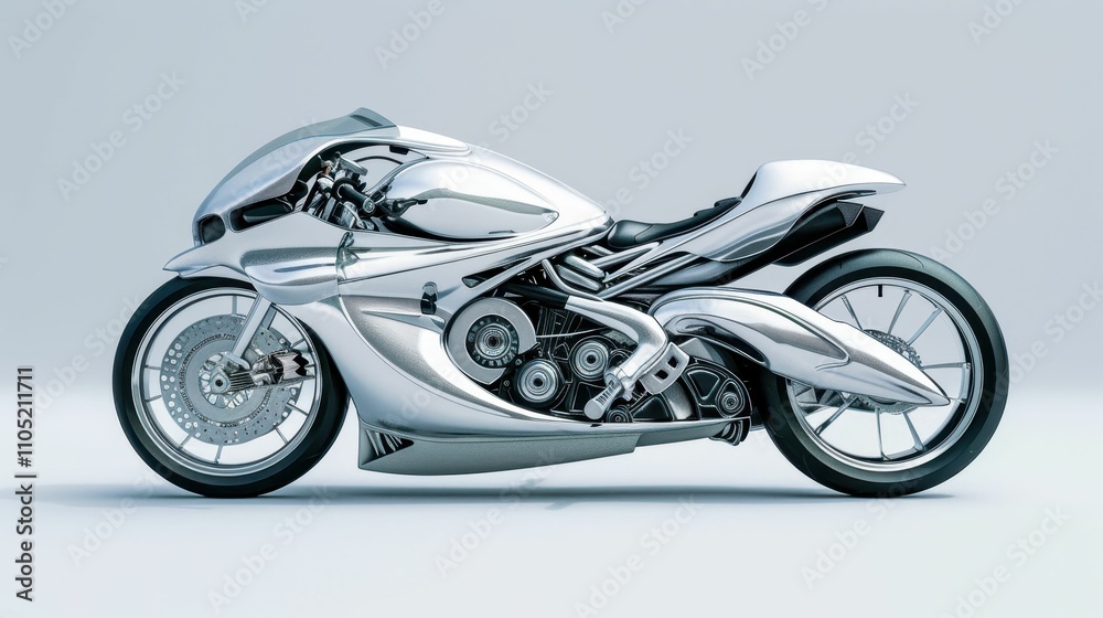 A sleek, futuristic motorcycle featuring a shiny chrome finish and an aerodynamic design, emphasizing performance and style. A sleek, futuristic motorcycle featuring a shiny chrome finish and an aerodynamic design, emphasizing performance and style.