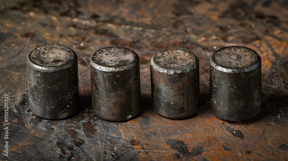 A close-up view of four metal cylinders, revealing their textured surfaces and signs of wear. The rusty background adds to the industrial and gritty atmosphere of the image.
A close-up view of four metal cylinders, revealing their textured surfaces and signs of wear. The rusty background adds to the industrial and gritty atmosphere of the image.