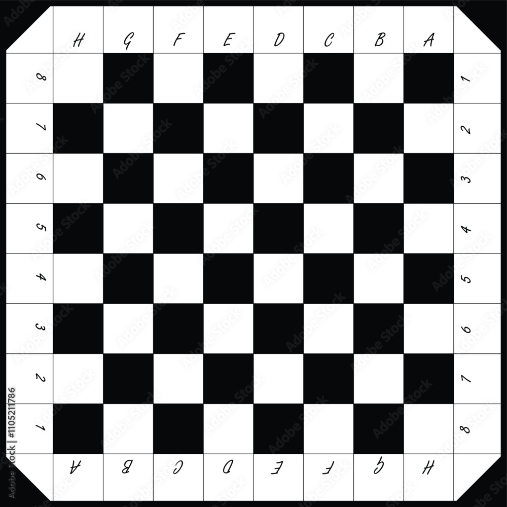 Vector illustration a classic chessboard with black and white squares. The board is empty, ready for a game to begin, suitable for design and printing needs.