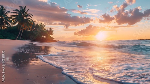 A tranquil beach at sunset with soft waves lapping the shore silhouettes of palm trees swaying in the breeze and a peaceful ambiance