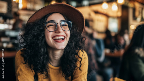 Cheerful woman wearing hat and glasses laughing in coffee shop AI generative.