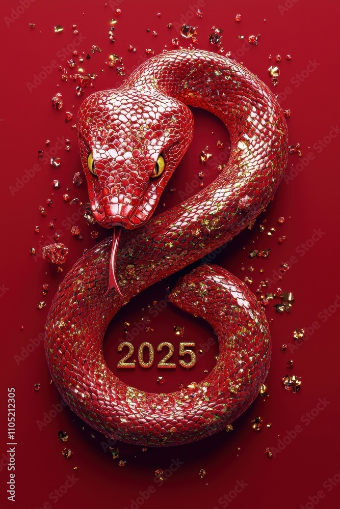 Golden snake with 2025 text on red background for futuristic design Golden snake with 2025 text on red background for futuristic design