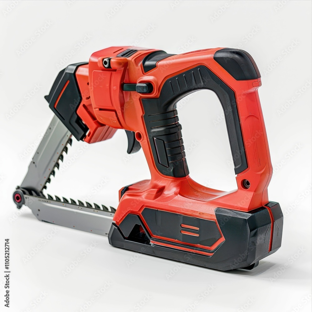 A compact, battery-powered tool with a red and black design, featuring a handle and a serrated blade for cutting materials. A compact, battery-powered tool with a red and black design, featuring a handle and a serrated blade for cutting materials.