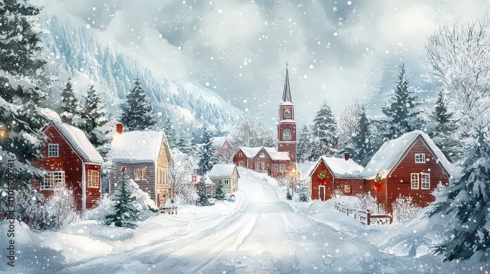 Snowy rooftops, peaceful winter village, watercolor style. Background design for invitation, card, social post, cover. Snowy rooftops, peaceful winter village, watercolor style. Background design for invitation, card, social post, cover.