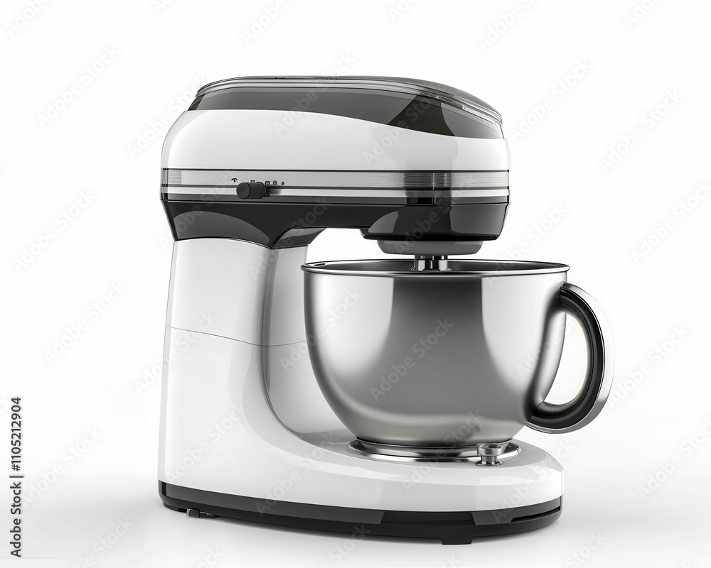 A sleek, modern stand mixer with a stainless steel bowl, ideal for baking and food preparation. A sleek, modern stand mixer with a stainless steel bowl, ideal for baking and food preparation.