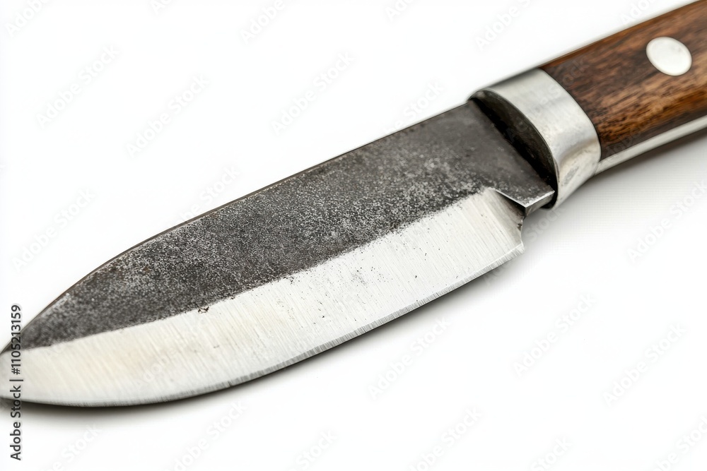 Close up of sharp kitchen knife with wooden handle Isolated on a white background Close up of sharp kitchen knife with wooden handle Isolated on a white background