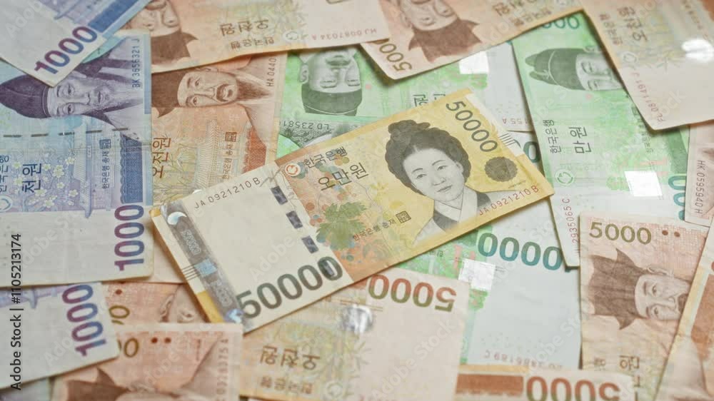 South korean banknotes scattered across a surface showcasing various denominations including 50000 won, depicting historical figures and artifacts of south korea's rich cultural heritage. South korean banknotes scattered across a surface showcasing various denominations including 50000 won, depicting historical figures and artifacts of south korea's rich cultural heritage.