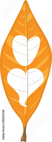 Vector illustration icon A vibrant orange autumn leaf with a two heart-shape cutouts. Perfect for romantic, nature-themed designs.