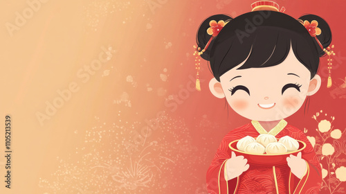 Happy Chinese girl in traditional New Year outfit eating dumplings AI generative photo