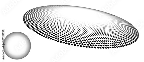 Abstract halftone dotted circles advertising background. Optical illusion effect. Black creative halftone circle polka dots vector in perspective view.