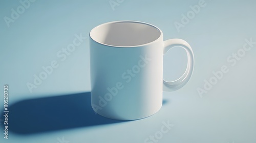 A simple white coffee mug on a blue background.