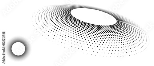 Abstract halftone dotted circles advertising background. Optical illusion effect. Black creative halftone circle polka dots vector in perspective view.