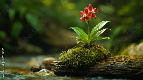 Dendrobium spectabile flower growing on mossy wooden pile by river AI generative. photo