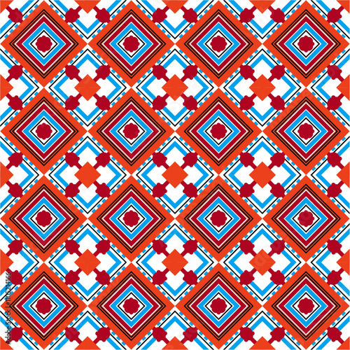 intricate geometric pattern featuring bold colors such as red, green, black, and white. The design includes symmetrical diamond shapes and repeating motifs, possibly influenced by traditional or cultu