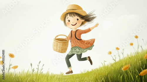 Energetic young girl running with basket, cheerful storybook style AI generative photo