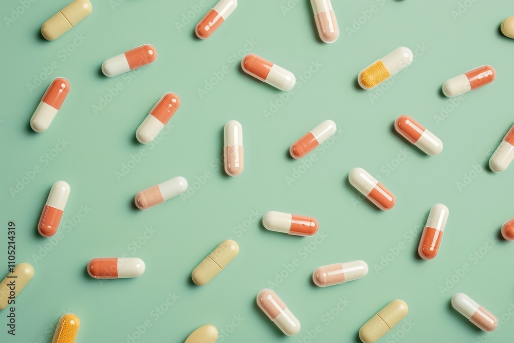 top view stylish medical pattern of different colorful capsules on light green background top view stylish medical pattern of different colorful capsules on light green background