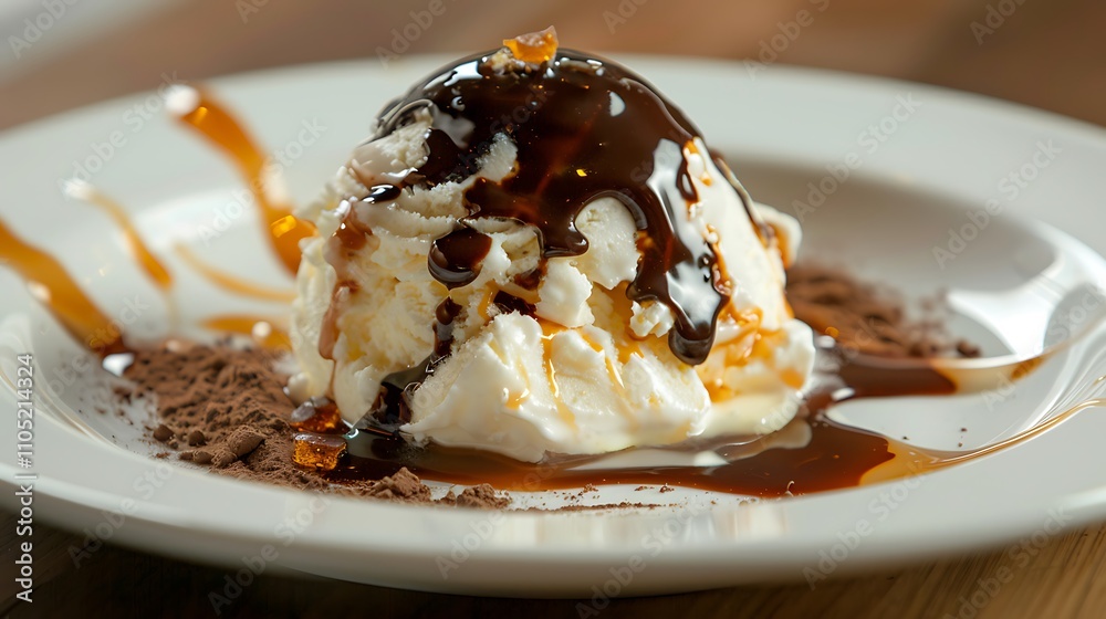 A vanilla dessert with caramel syrup and cocoa frozen yogurt A vanilla dessert with caramel syrup and cocoa frozen yogurt
