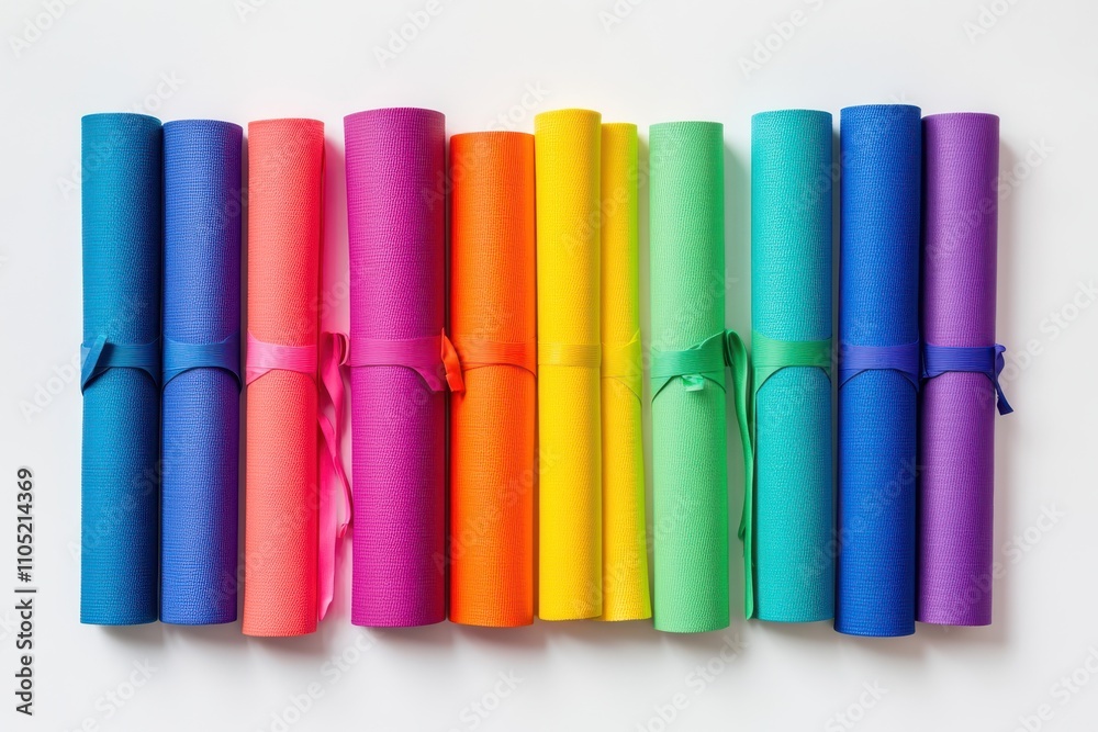 Colorful yoga mats neatly arranged with straps Isolated on a white background Colorful yoga mats neatly arranged with straps Isolated on a white background