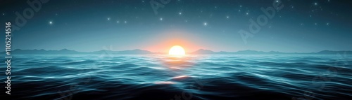 Serene Sunset Over Calm Ocean Waves with Twilight Sky Background