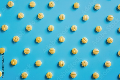 top view stylish medical pattern of small yellow tablets on blue background