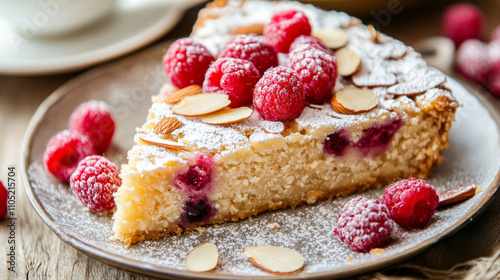 Homemade almond torte with fresh raspberries and rustic kitchen backdrop AI generative photo