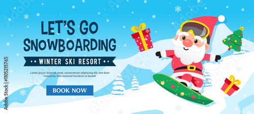 Santa Claus Snowboarding in winter landscape background vector illustration. Winter sports activities banner