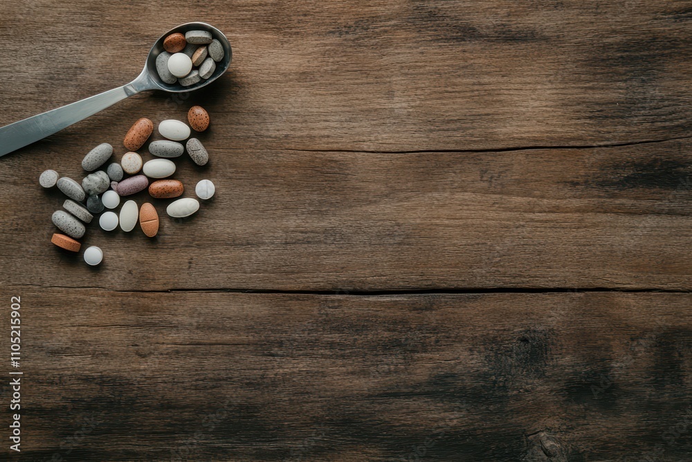 Naklejka premium Pills and Measuring Spoon on Wooden Table
