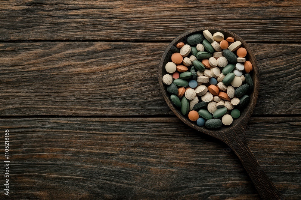 Naklejka premium Pills and Measuring Spoon on Wooden Table