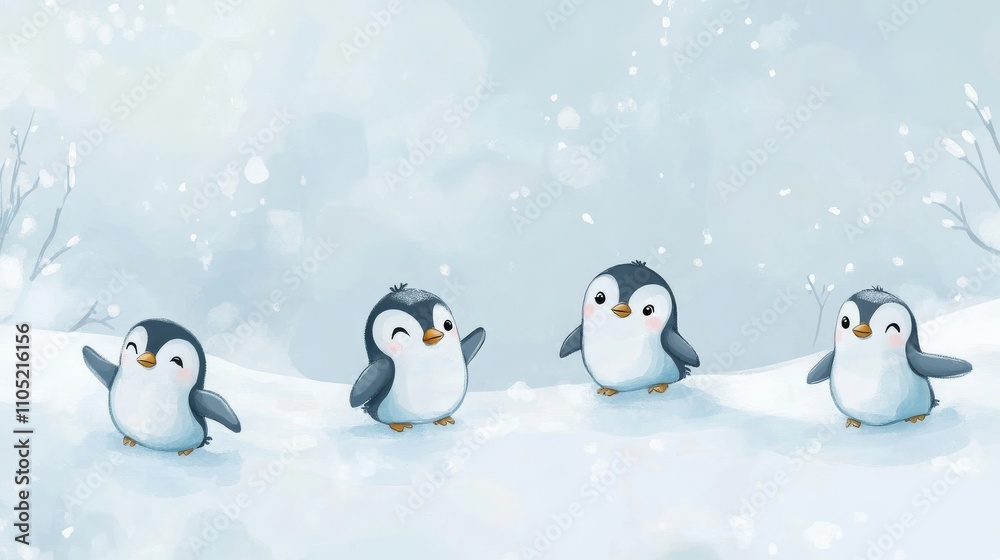 Cute Tiny Cartoon Penguins in a Winter Scene Cute Tiny Cartoon Penguins in a Winter Scene
