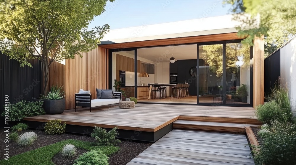 The renovation of a modern home extension in Melbourne includes the addition of a deck- patio- and courtyard area.ai generative The renovation of a modern home extension in Melbourne includes the addition of a deck- patio- and courtyard area.ai generative