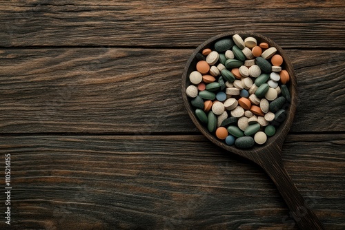 Pills and Measuring Spoon on Wooden Table