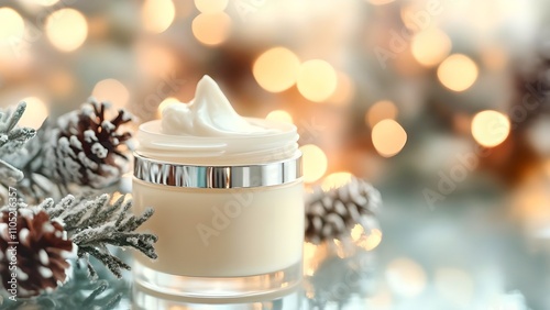 Face mask or cream in jar on winter background top view, winter mood concept