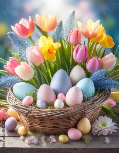 Easter eggs and tulips in a basket on a wooden background